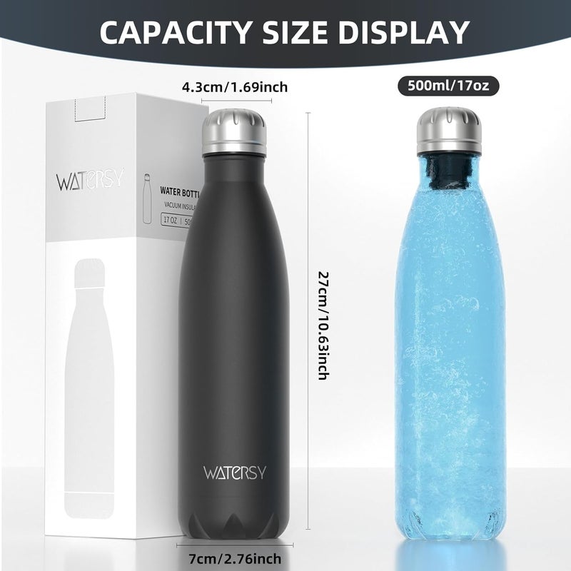 WATERSY Stainless Steel water bottles,17oz/500ml Insulated Water Bottles,Black metal water bottle Keeps Drink Cold and Hot,BPA Free kids water bottles for School,Gym,Travel,Sports - Image 3